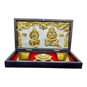 Sri Lakshmi Ganesh Gold Plated Yantra with Vasthu Tortoise Box Corporate Gift  8 x 4 inch