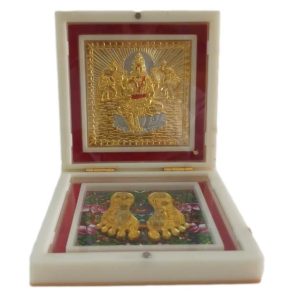 Sri Gaja Lakshmi Maaji Gold Plated Charan Padhukas in White Box Corporate Gift 4 x 4 inch