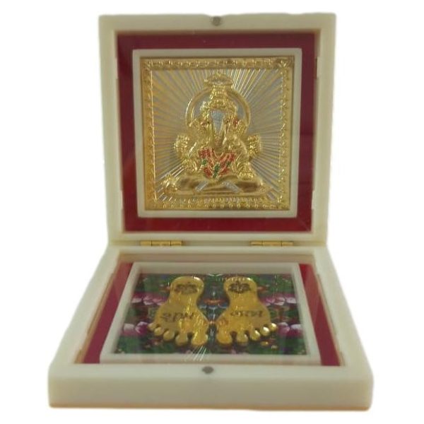 Padmaasana Ganesh Gold Plated Charan Padhukas in White Box Corporate Gift 4 x 4 inch