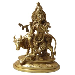 Brass Cow with krishna Standing Statue for Home Décor & Puja Room 12″ Inch Idol | Deity Idol Exclusive Collection