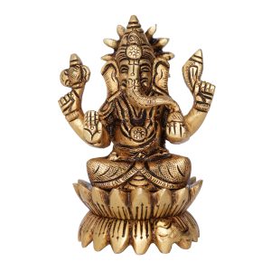 Brass Ganesh Sitting On Lotus Ganesh Statue 3.7 Inch Idol | Deity Idol Exclusive Collection