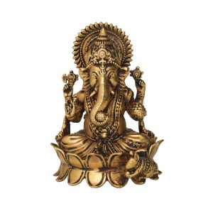 Brass Ganesh Sitting on Lotus Ganesh Statue 3.6 Inch Idol | Deity Idol Exclusive Collection
