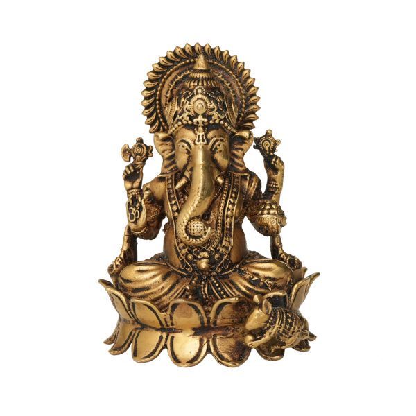 Brass Ganesh Sitting on Lotus Ganesh Statue 3.6 Inch Idol | Deity Idol Exclusive Collection