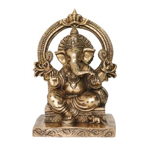 Brass Ganesha Sitting on Singhasan Idol 8.3 Inch Idol | Deity Idol Exclusive Collection