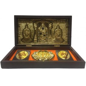 Sri Tirupati Balaji with Sridevi Boodevi Gold Plated Charan Padhukas Corporate Gift Box 8 x 4 inch | Divine Footprints for Blessings & Prosperity