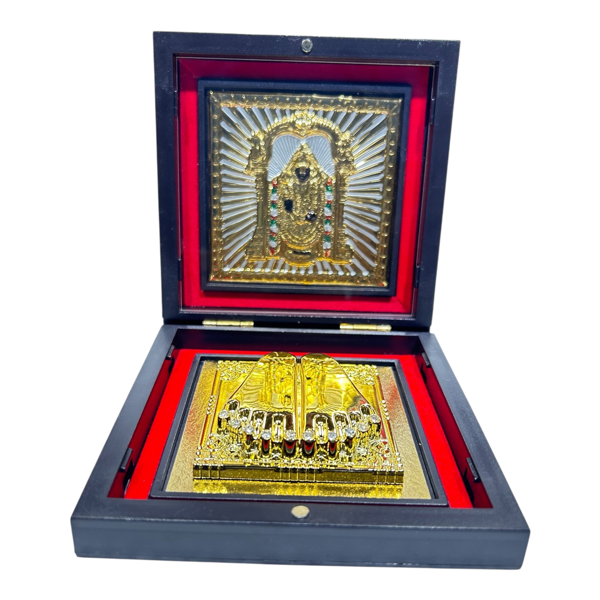 Srinivasar- Tirupati Balaji Gold Plated Charan Box Corporate Gift 4 x 4 inch | Sacred Divine Footprints for Temple & Home