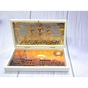 Gold Plated Sooryavanshi Sri Ram Darbar with Ayodya Mandir inside White Colour Box Corporate Gift 8 x 4 inch | Premium Corporate Gift for Divine Blessings