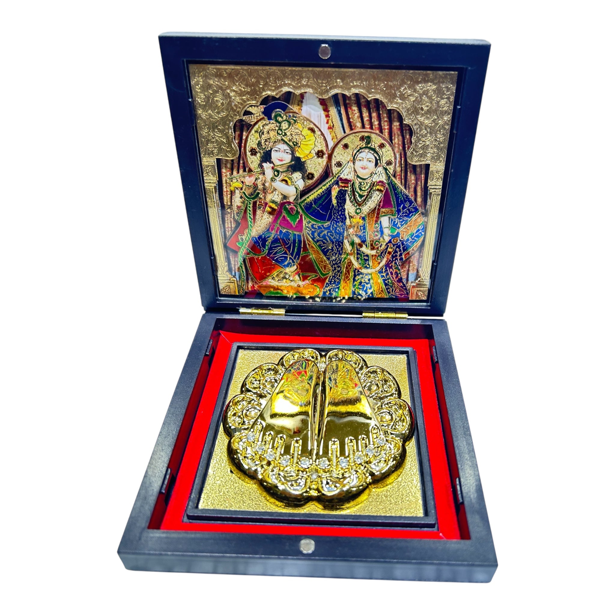 ISKCON Sri Radhe Shyam Charan Padhukas Corporate Gift Box 4 x 4 inch | Divine Footprints for Blessings & Prosperity