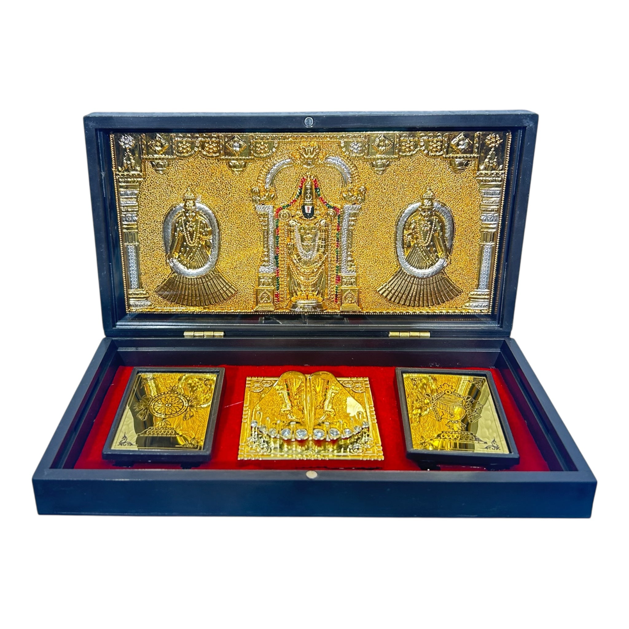 Sri Tirupati Srinivasar Alamelu Padmavati Gold Foil Charan Padhukas Box Corporate Gift 8 x 4 inch | Divine Footprints for Blessings & Prosperity