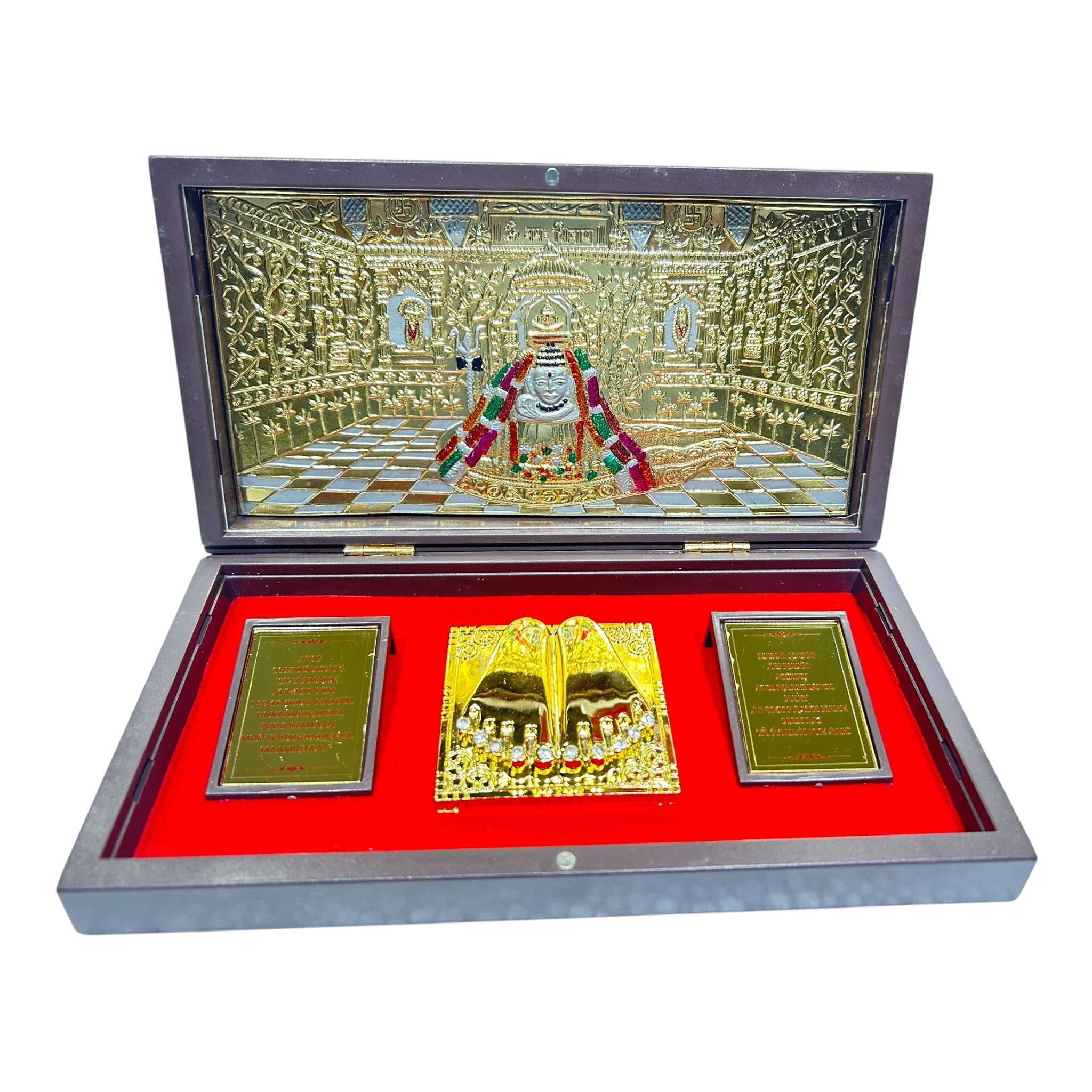 Somnath Shivaling inside Gold Plated Charan Padhuka Box Corporate Gift 8 x 4 inch | Sacred Divine Footprints for Temple & Home