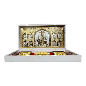 Sri Vaishno Devi Durga Maaji Silver plated Gold foil Charan Padhukas White Gift Box 8 x 4 inch | Divine Footprints for Blessings & Prosperity
