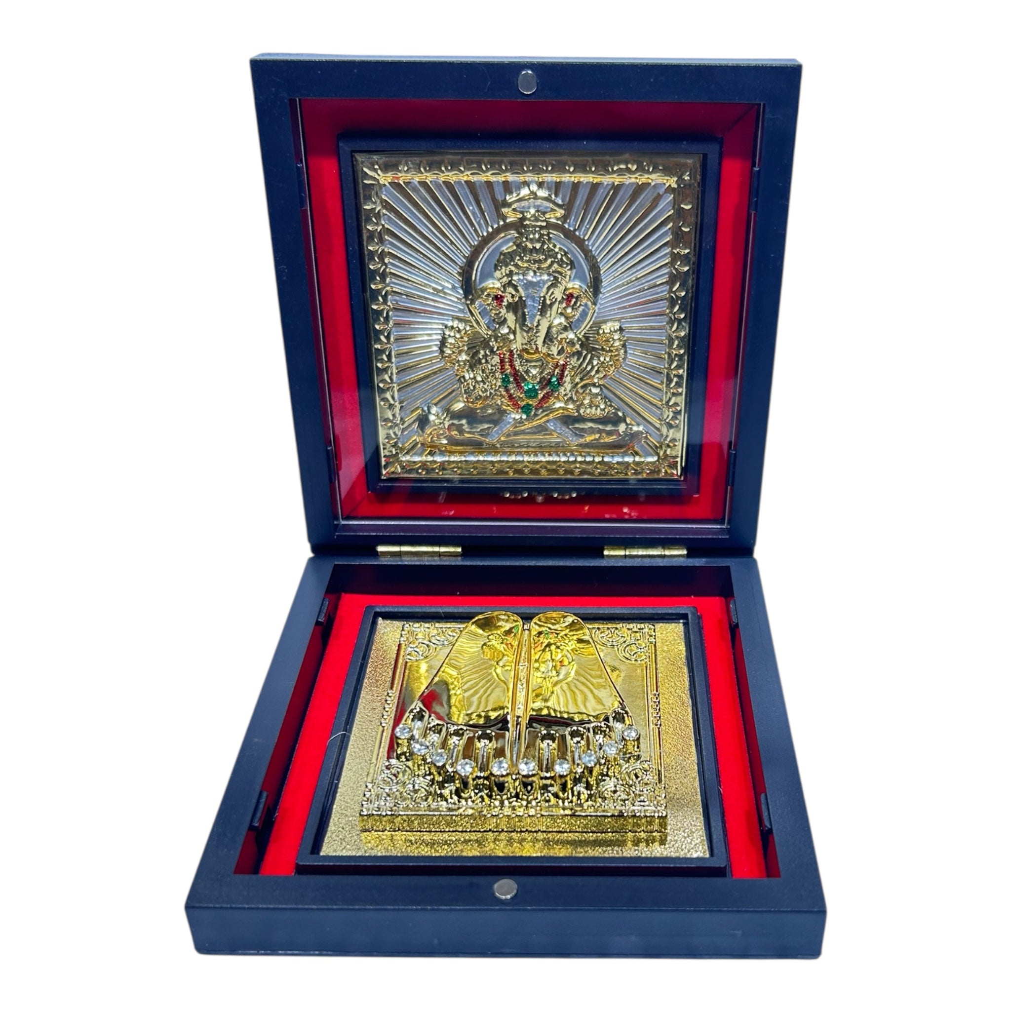 Silver Finish Multicolour Sri Ganesh Ji Gold Plated Charan Box Corporate Gift 4 x 4 inch | Sacred Divine Footprints for Temple & Home