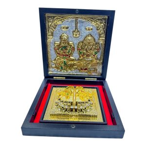 Sri Maha Lakshmi Ganesh Gold Plated Charan Box Corporate Gift 4 x 4 inch | Sacred Divine Footprints for Temple & Home