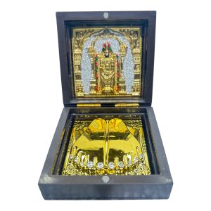 Sri Venkateswara Balaji Gold Plated Charan Box Corporate Gift 3 x 3 inch | Sacred Divine Footprints for Temple & Home