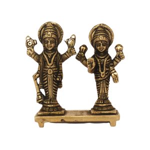 Brass vishnu Lakshmi standing with bajath statue 3″ Inch – Premium Brass Deity Idol for Home & Temple