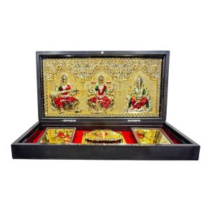 Sri Mahalakshmi Saraswati Ganesh Gold foil Charan Padhukas Corporate Gift Box 8 x 4 inch | Divine Footprints for Blessings & Prosperity