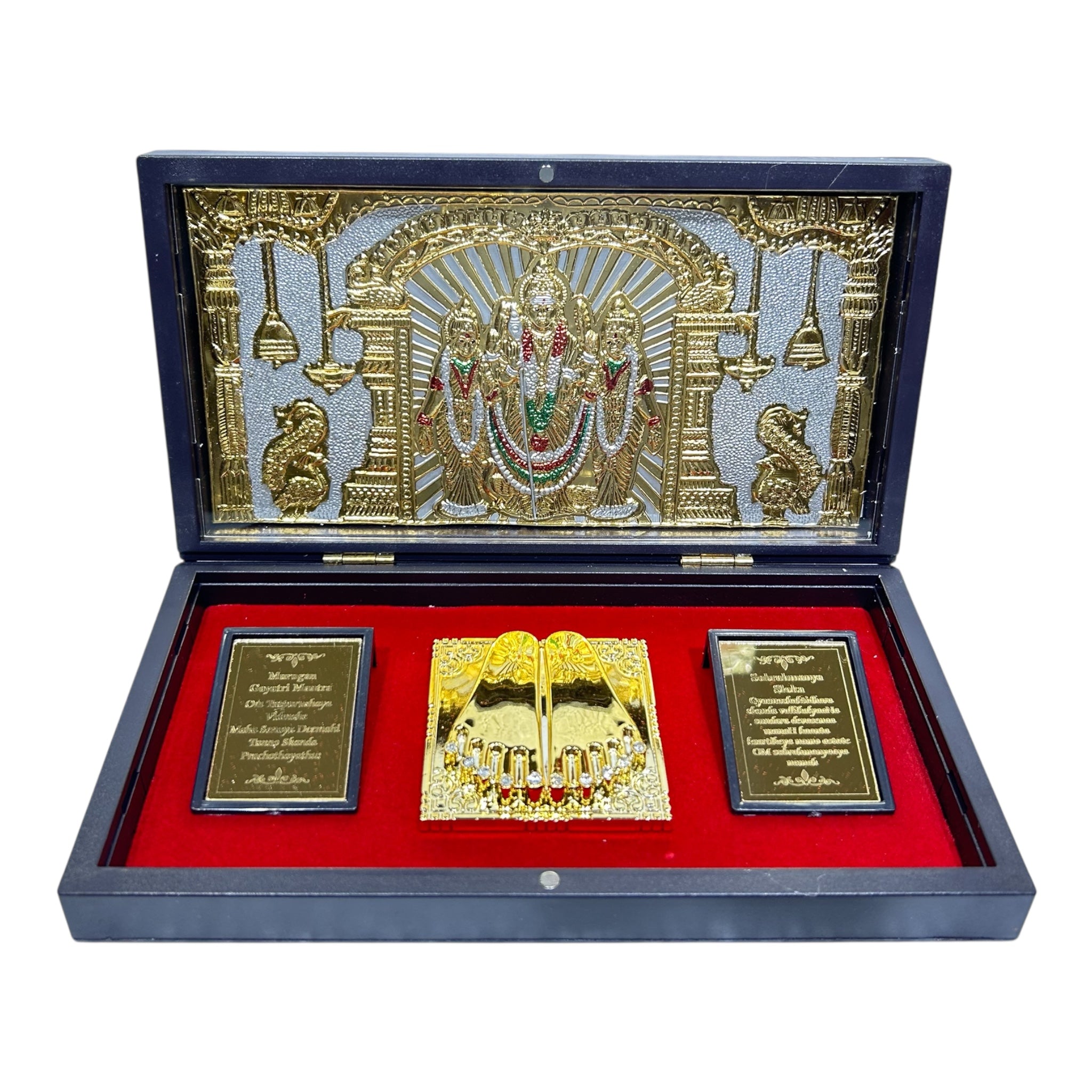 Sri Murugan Valli Daivanai Charan Padhuka Gold Plated Box Corporate Gift 8 x 4 inch | Sacred Divine Footprints for Temple & Home