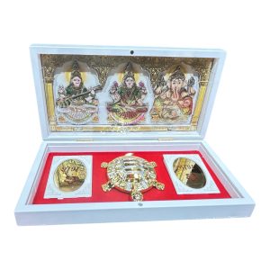Sri Saraswati Lakshmi Ganesh Gold Plated Shub - Laabh and Vastu Tortoise White Box Corporate Gift 8 x 4 inch | Premium Corporate Gift for Divine Blessings