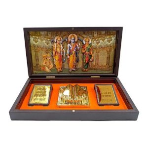 Multicolour Sri Ram Parivar inside Gold Plated Charan Padhuka Box Corporate Gift 8 x 4 inch | Sacred Divine Footprints for Temple & Home