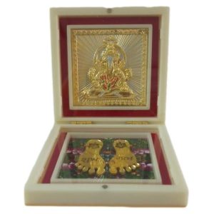 Padmaasana Ganesh Gold Plated Charan Padhukas in White Box Corporate Gift 4 x 4 inch | Divine Footprints for Blessings & Prosperity