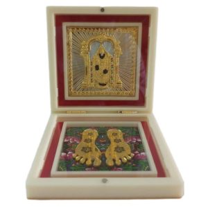 Gold Plated Sri Tirupati Balaji Charan Padhukas in White Box Corporate Gift 4 x 4 inch | Divine Footprints for Blessings & Prosperity