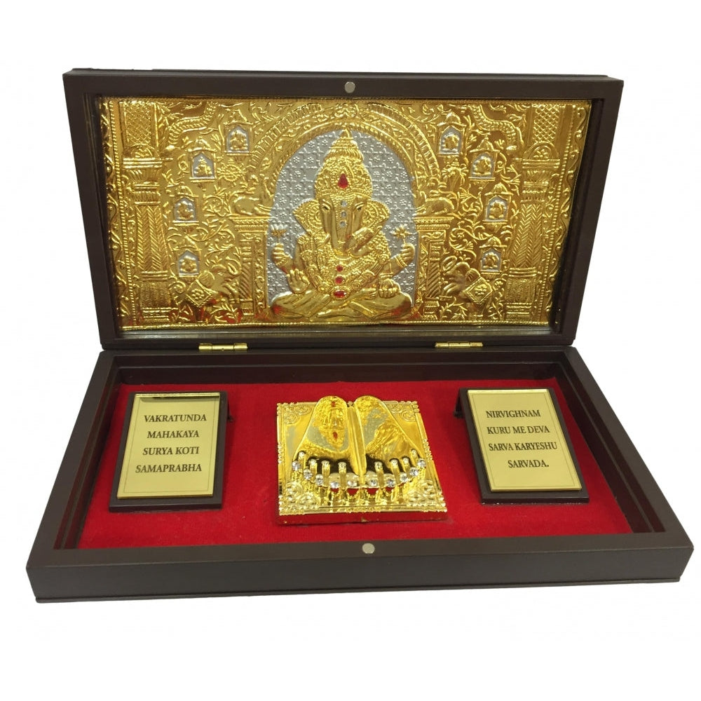 Sri Ganesh Gold Plated Charan Padhukas Box Corporate Gift 8 x 4 inch | Divine Footprints for Blessings & Prosperity