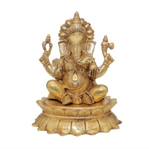 Brass Ganesha Statue Sitting on Lotus Flower 11″ Inch Height | Sacred Ganesha Lotus for Purity & Enlightenment